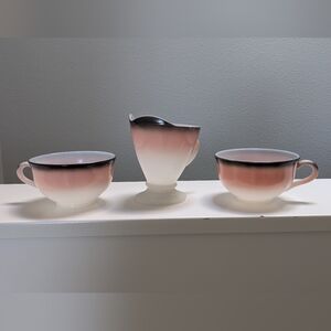 Vintage 1950s Hazel Atlas Pink & Black Ovide Milk Glass Cups and Cream Pitcher